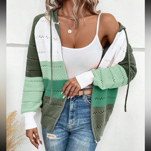 Boho color block zip up drawstring hooded knit sweater - Picture 3 of 5